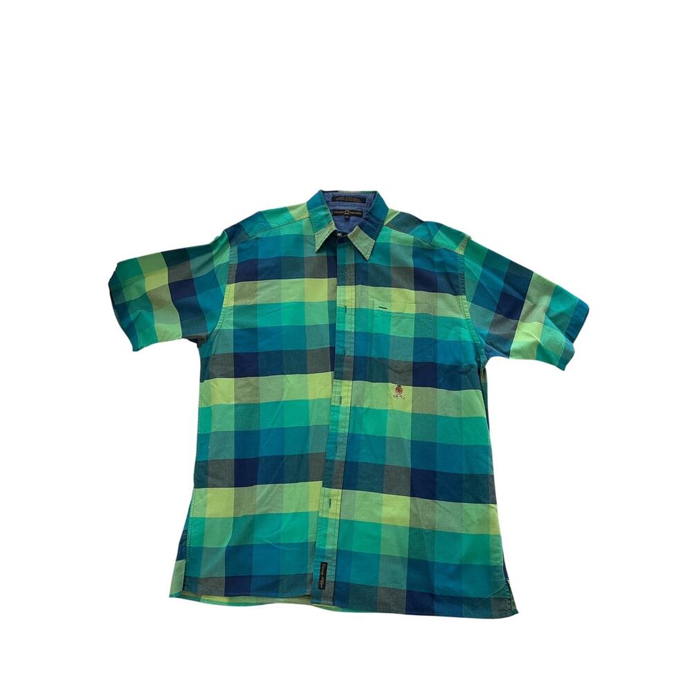 Tommy Hilfiger Men Sz Large Green Blue Plaid Button Down Short Sleeve Shirt EUC